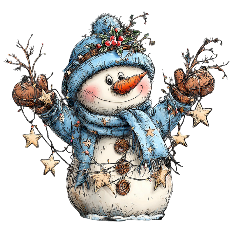 Snowman christmas design holding star garland with blue scarf and holly hat, Grey Barn Handwerk, Saskatchewan.